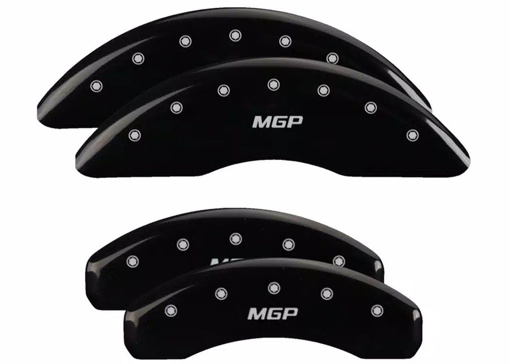 SET OF 4 CALIPER COVERS ENGRAVED FRONT/REAR MGP SILVER CHARACTERS BLACK POWDER