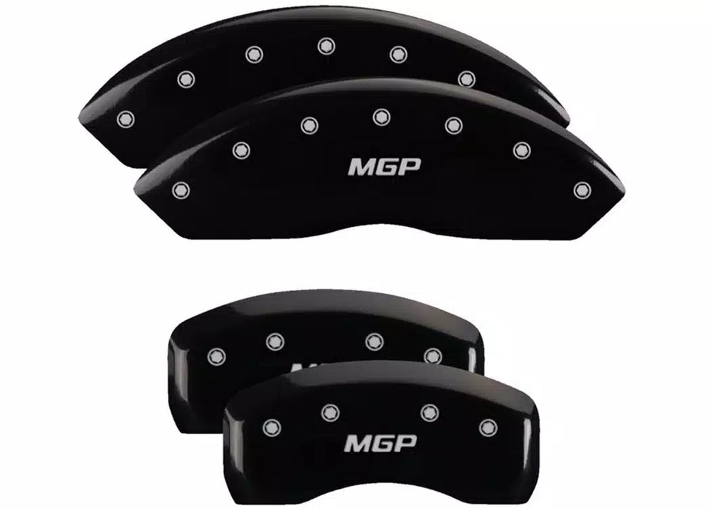 SET OF 4 CALIPER COVERS ENGRAVED FRONT/REAR MGP SILVER CHARACTERS BLACK POWDER