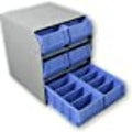 6 STACKED SMALL PARTS BINS IN STEEL SHELF CABINET