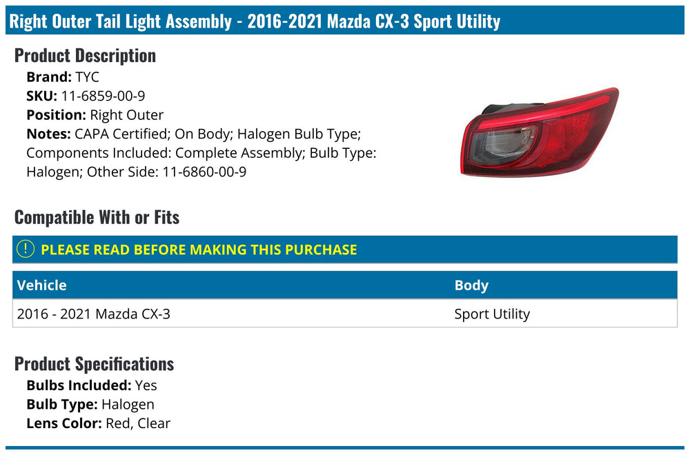 CAPA 1620 MZ C.X3 BULB TYPE QTR TAILLAMP ASSY RH