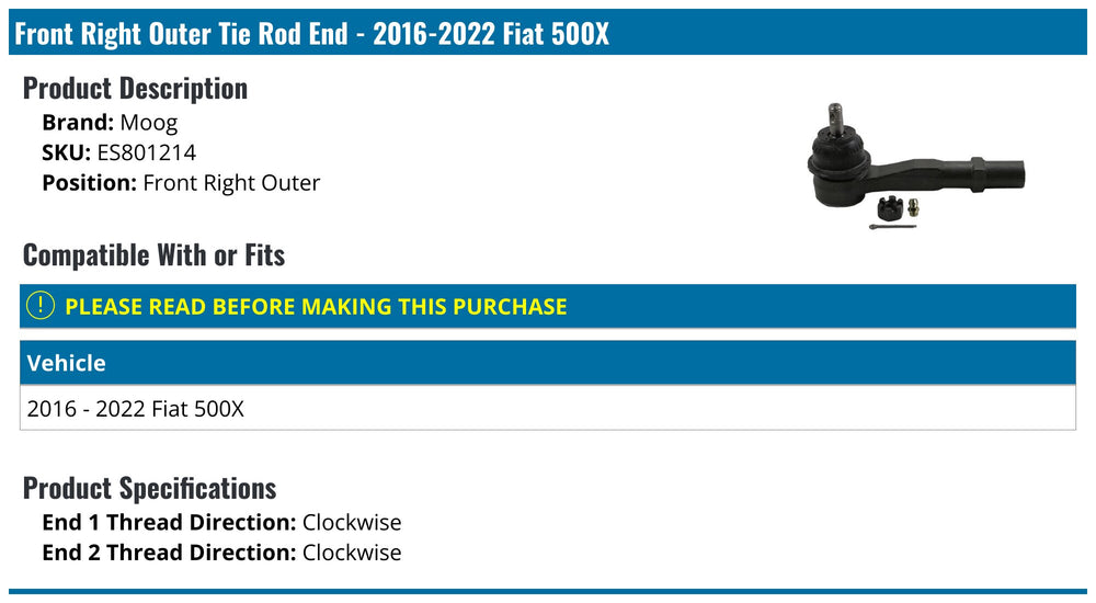 MOOG 15-18 Jeep Renegade Front Right Outer / Right Outer Tie Rod