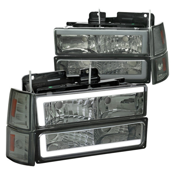8 PIECE COMBO SET HEADLIGHTS BUMPER AND CORNER LIGHTS WITH LED BAR CHROME HOUSING AND SMOKE LENS - USES STOCK BULBS