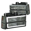 8 PIECE COMBO SET HEADLIGHTS BUMPER AND CORNER LIGHTS WITH LED BAR CHROME HOUSING AND SMOKE LENS - USES STOCK BULBS