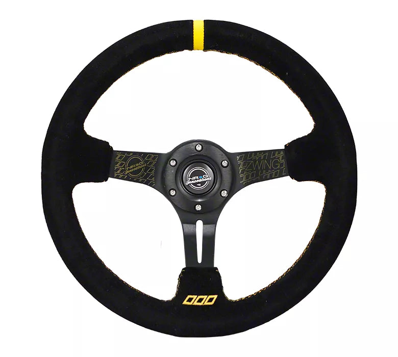 NRG Reinforced Steering Wheel (3in. Deep) Zwing Sig Blk Suede, Gold Stich, Zwing Logo Embroidery