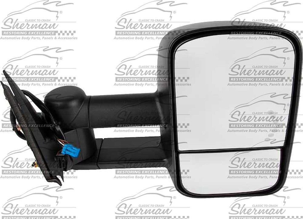 RH DR MIRROR PWR HEATED TEXT BLK MANUAL FLDG TELESCOPIC TOW TYPE W/ SIGNAL IN GLASS SILVERADO 0307