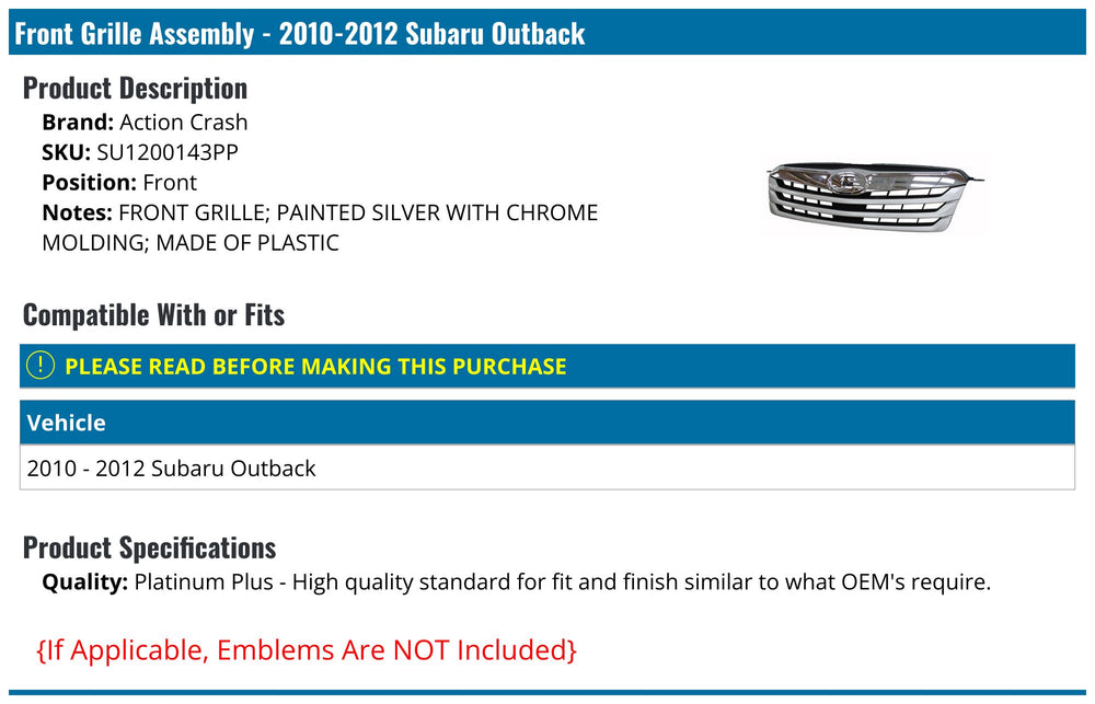 CAPA GRILLE ASSY SUBARU LEGACY/OUTBACK 1017