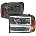 F350 1 PIECE HEADLIGHTS WITH LED BAR CHROME HOUSING AND SMOKED LENS AMBER REFLECTOR - USES STOCK BULBS