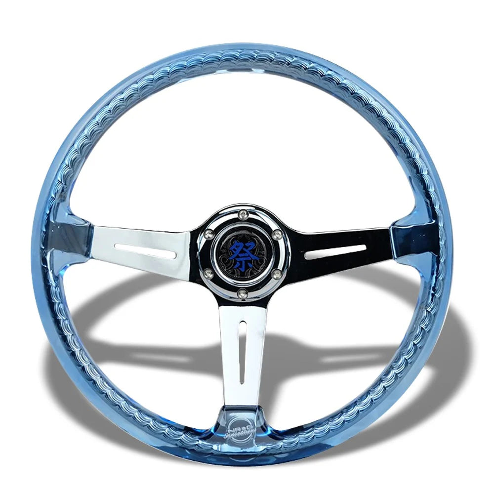 Reinforced Steering Wheel - Matsuri 350mm 2 Deep Dish Clear Acrylic Steering Wheel in Blue and Chrome spoke finish with slits.