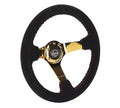 NRG Reinforced Steering Wheel (350mm / 3in. Deep) Blk Suede w/Red BBall Stitch & Chrome Gold 3-Spoke
