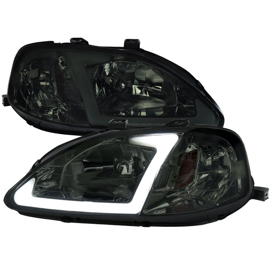 HEADLIGHT CHROME HOUSING AND SMOKED LENS WITH LED BAR - OE STYLE AMBER REFLECTOR - USES STOCK BULBS
