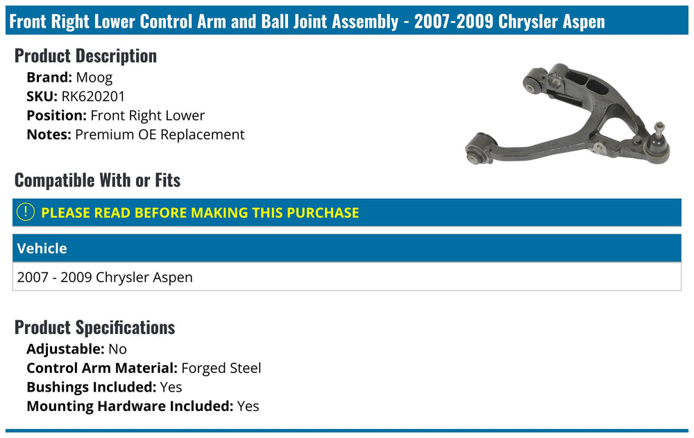 MOOG 07-09 Chrysler Aspen Front Right Lower Control Arm
