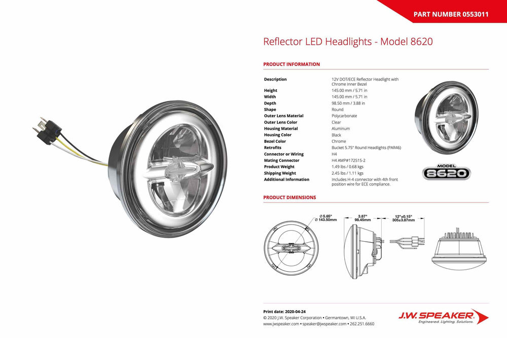 J.W. Speaker 12V DOT ECE High Low Beam Reflector Headlight with Dark Chrome Inner Bezel 0555931