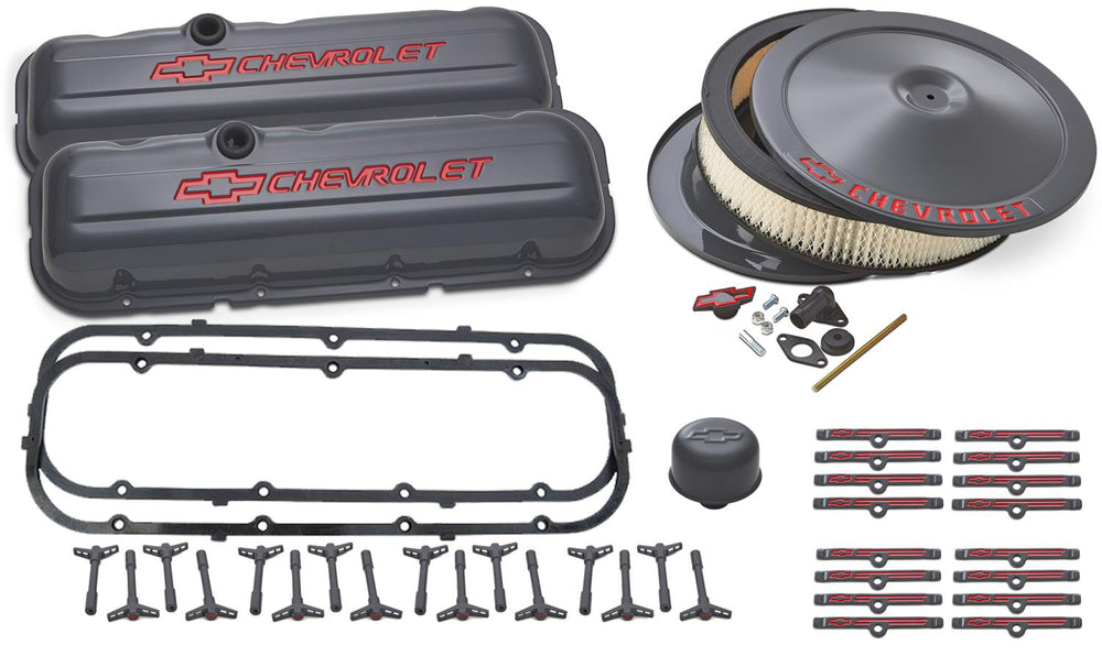 CHEVY & BOWTIE; STEEL VALVE COVERS; TALL; B/B; RECESSED RED EMBLEMS; SHARK GRAY FINISH