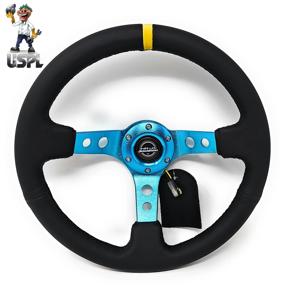 NRG Reinforced Steering Wheel (350mm / 3in. Deep) Blk Leather w/Blue Cutout Spoke & Single Yellow CM
