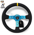 NRG Reinforced Steering Wheel (350mm / 3in. Deep) Blk Leather w/Blue Cutout Spoke & Single Yellow CM