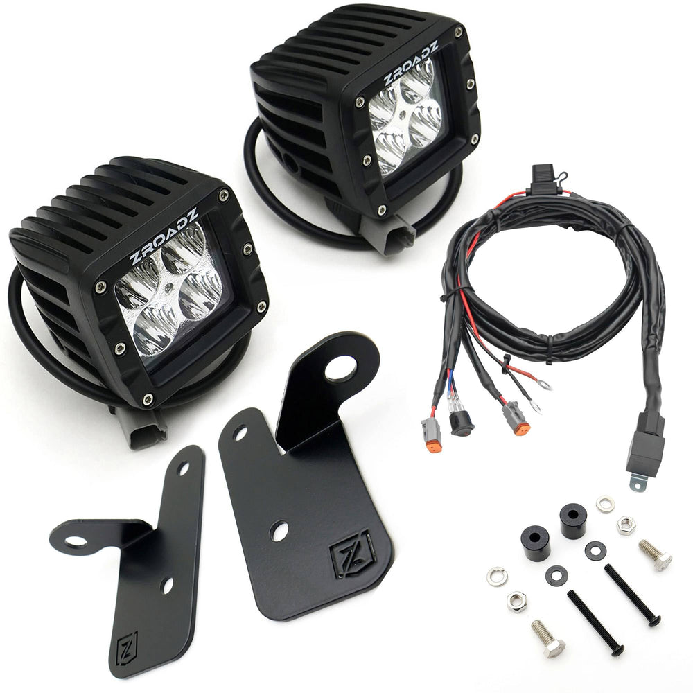 ~(5 lbs. 14X9X8)~ A Pillar Lower Pod Style LED Light Bar Mount Kit Includes (2) 3IN Cube LED Work Lights No Cut No Drill Installation Black Powder Coated Includes Universal Wiring Harness