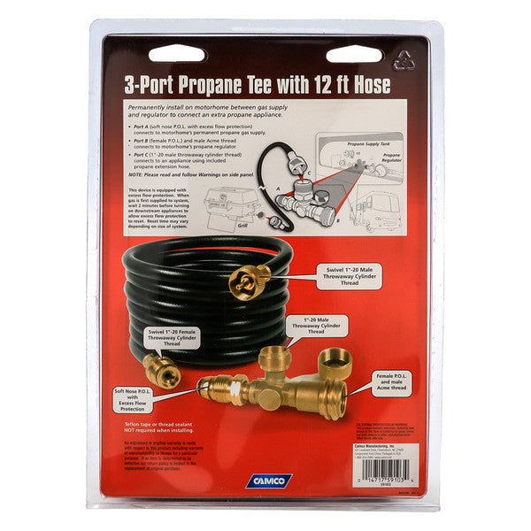 CAMCO BRASS TEE W/3 PORTS W/ 12FT HOSE
