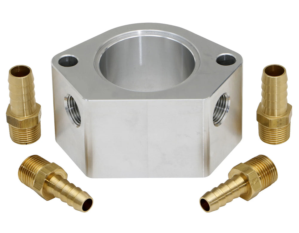 CHEVY SB/BB 2IN BILLET WATER NECK RISER W/ 3/8IN NPT PORTS & 3/8IN BARBED FITTINGS