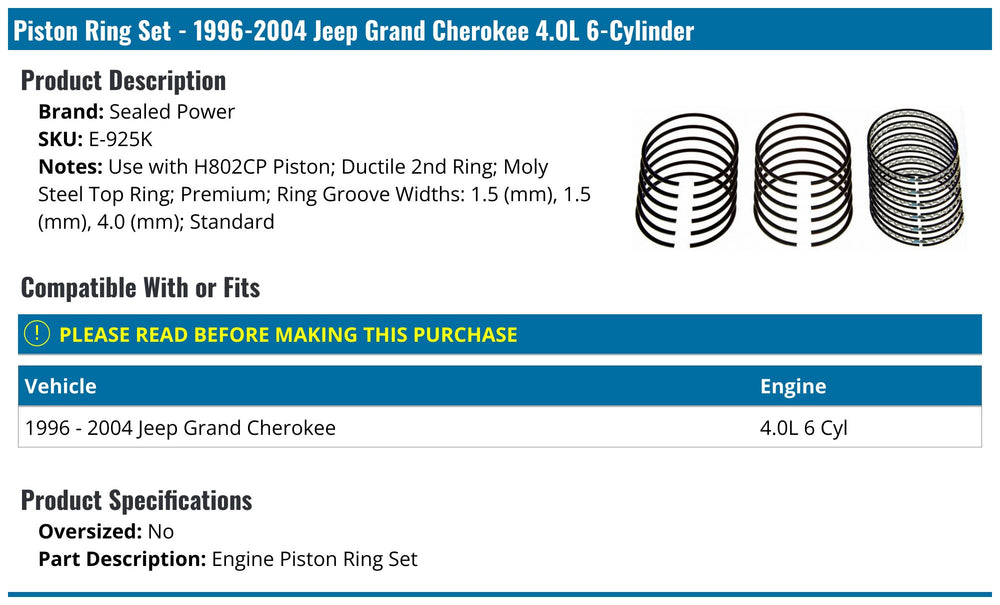 JEEP (4.0L) 242 L6 ENG. (19962002) DODGE TRK. (4.0L) 242 L6 ENG. RING SET M