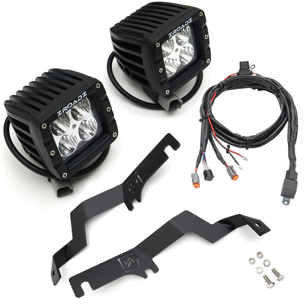 ~(4 lbs. 16X8X8)~ 2015-2017 FORD F150: Hood Hinges LED Light Bar Mounts - By A Pillar - for mounting Two 3 IN Zroadz Cube Pod Work Lights or Similar Style Light - Bolts On to Hood Hinges - Easy Install