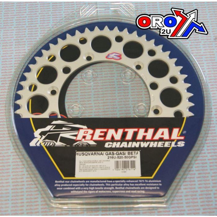 Renthal 95-13 Husqvarna 125-510 CR/WR/Wre/TC/TCX/TE Rear Grooved Sprocket Silver 520-50P Teeth