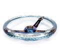 Reinforced Steering Wheel - Matsuri 350mm 2 Deep Dish Clear Acrylic Steering Wheel in Clear and Geometric NeoChrome spoke finish with slits.
