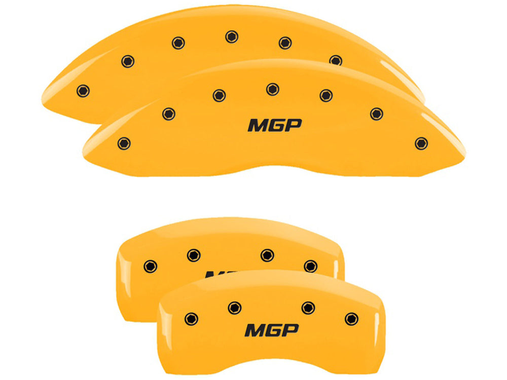 SET OF 4 CALIPER COVERS ENGRAVED FRONT/REAR MGP BLACK CHARACTERS YELLOW POWDER