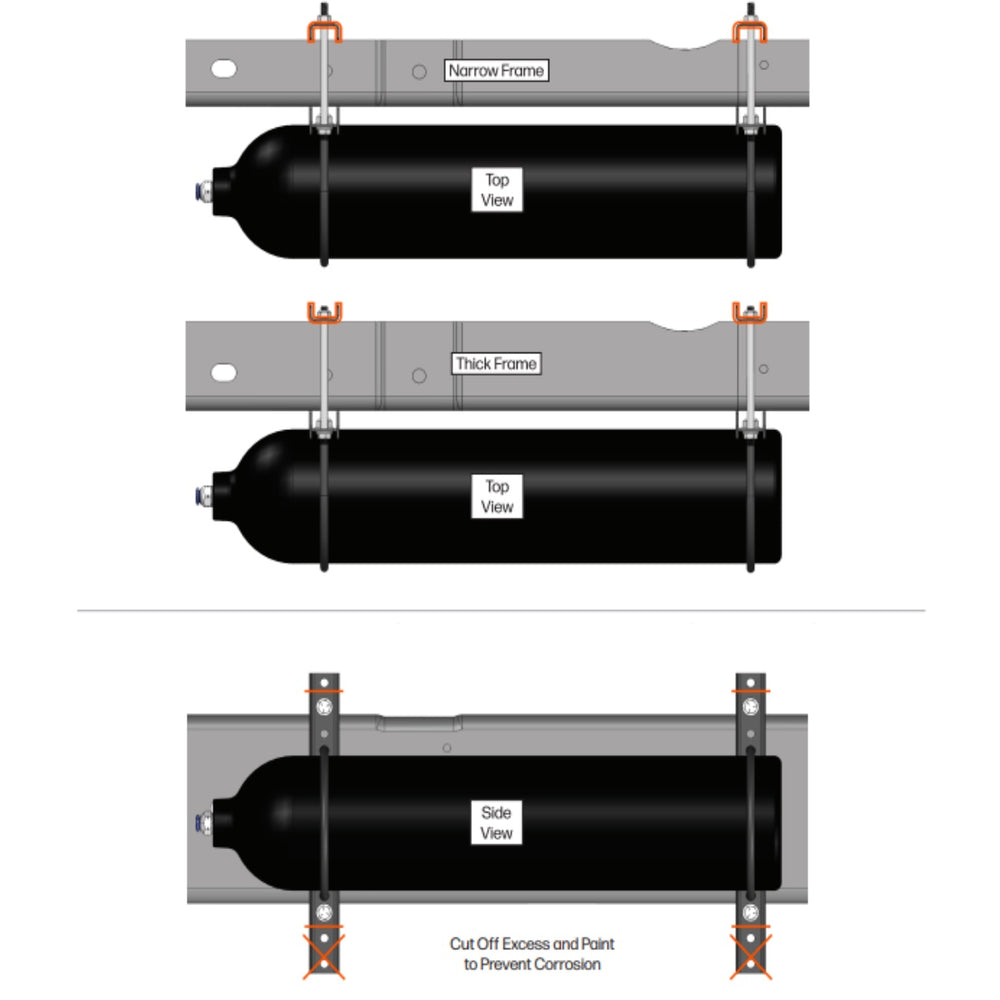 LOGIQ 2-gal air tank. Aluminum black powdercoat frame mounting kit 1/2npt port fitting and 3/8 airline