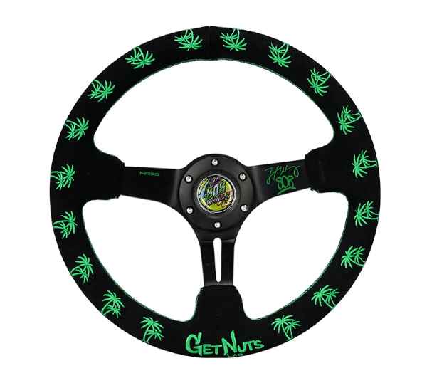 Reinforced Steering Wheel - Forrest Wang Signature 3in Deep 5mm Spoke 350mm - Blk w/ Grn Palm Trees