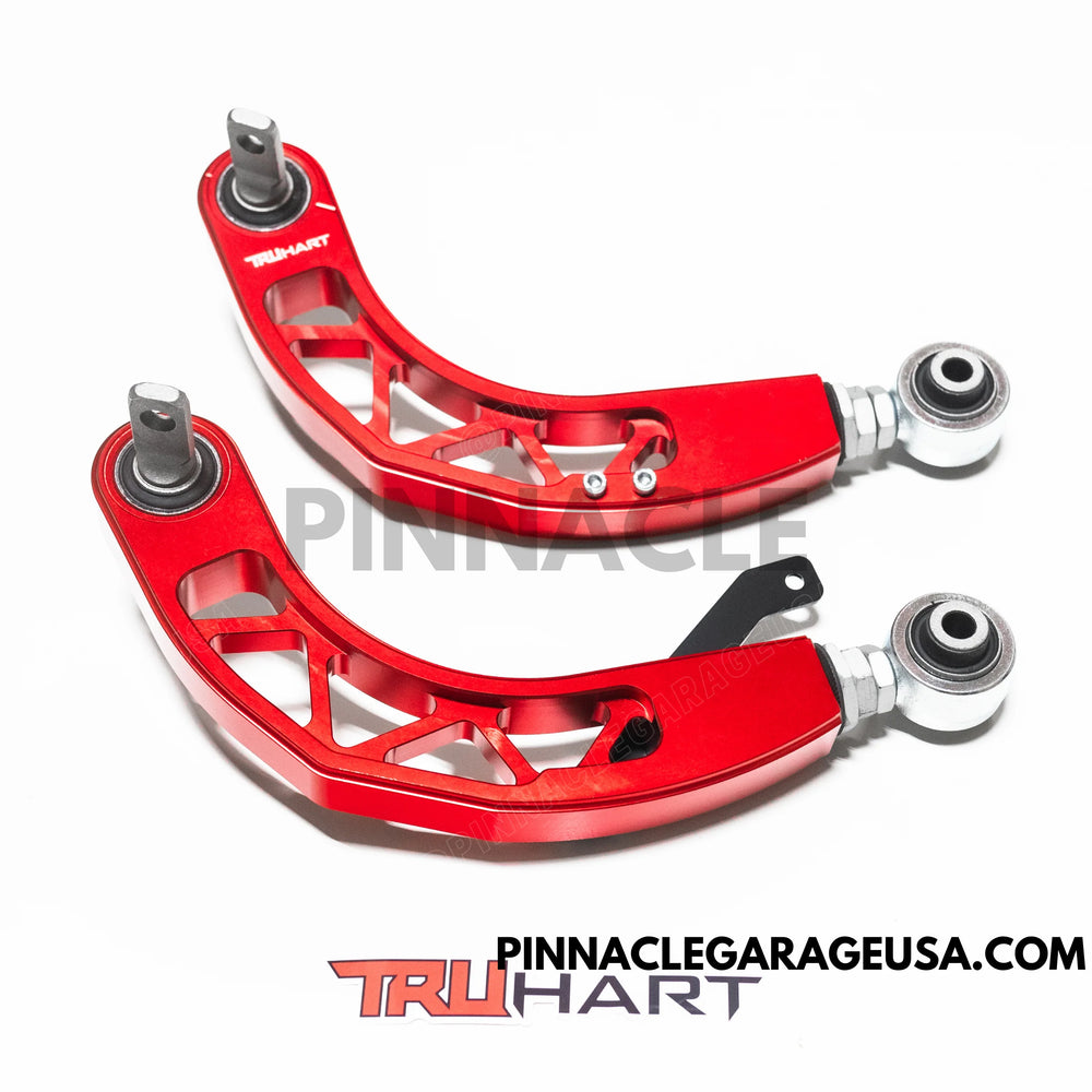 TruHart rear camber arms replace your factory arm with a strengthened adjustable arm. Our camber kits utilize hardened rubber bushings which allows for less deflection and provides a more direct feel road feel than OE bushings. Key Features: Direct repla