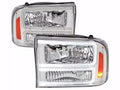 F350 1 PIECE HEADLIGHTS WITH LED BAR BLACK HOUSING AND CLEAR LENS AMBER REFLECTOR - USES STOCK BULBS