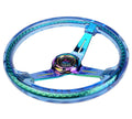 Reinforced Steering Wheel - Matsuri 350mm 2 Deep Dish Clear Acrylic Steering Wheel in Blue and NeoChrome spoke finish with slits.