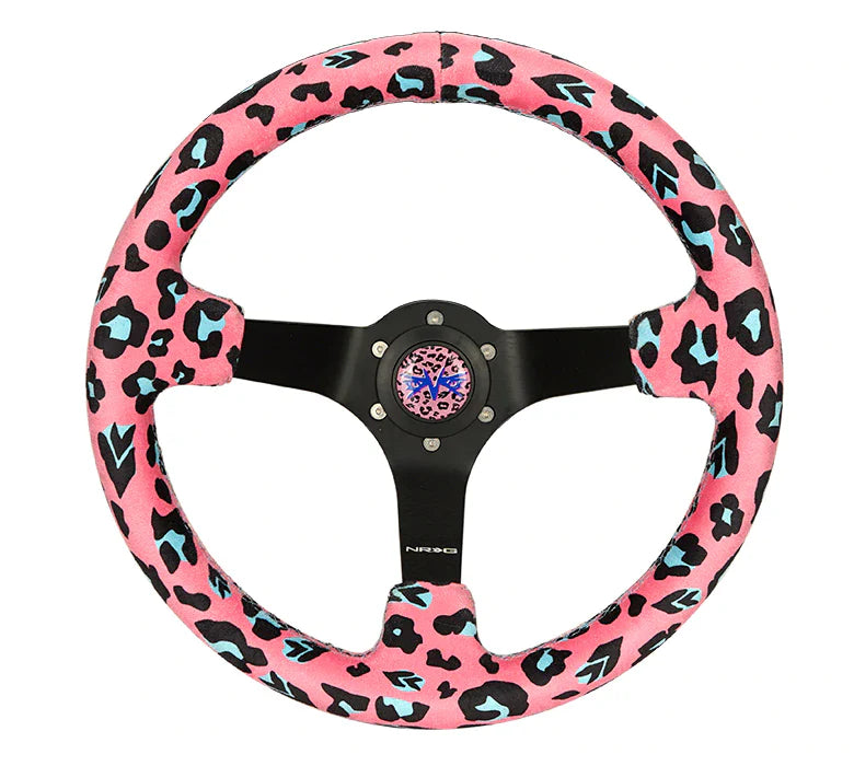 NRG Reinforced Steering Wheel (350mm/3in. Deep) SAVAGE Brown Leopard w/ Matte Blk Spokes