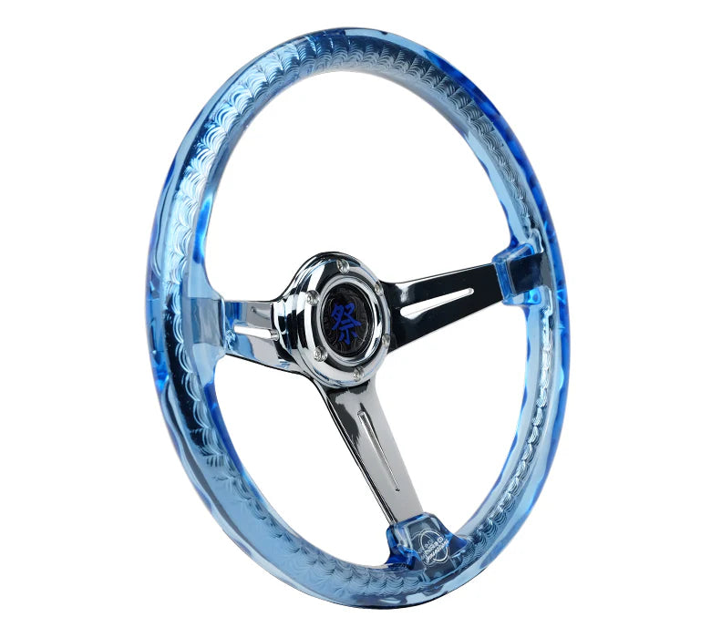 Reinforced Steering Wheel - Matsuri 350mm 2 Deep Dish Clear Acrylic Steering Wheel in Purple and Chrome spoke finish with slits.