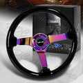 NRG Reinforced Steering Wheel (350mm / 3in Deep) Classic Blk Wood Grain w/Neochrome 3-Spoke Center