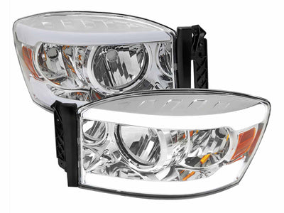 HEADLIGHTS WITH LED BAR CHROME HOUSING CLEAR LENS
