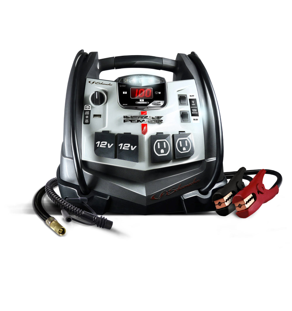 The Schumacher Electric 1200A Peak Portable Power Station JUMP STARTER + AC/12V/USB POWER + AIR COMPRESSOR + INFLATOR FOR TAILGATING CAMPING AND EMERGENCY POWERWorks with V8 engines