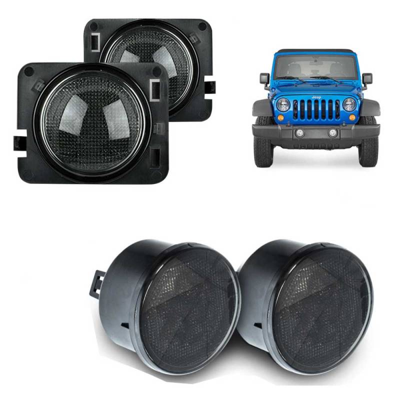 ~(1 lbs. 10X6X5)~ Jeep 07-18 JK Wrangler Round Front Fender Lenses with Amber LEDs Located on Front Side Fender - Smoked Lens