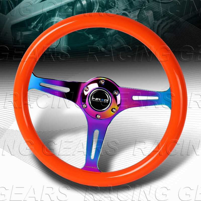 NRG Classic Wood Grain Steering Wheel (350mm) Neon Orange Color w/Neochrome Spokes