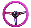 NRG Classic Wood Grain Steering Wheel (350mm) Solid Pink Painted Grip w/Neochrome 3-Spoke Center