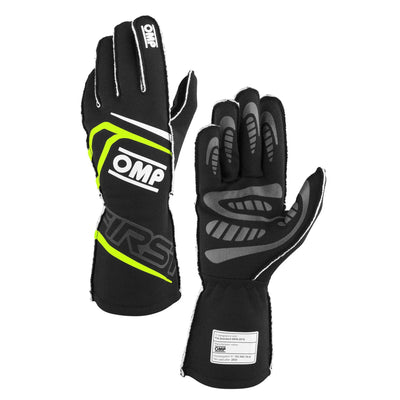 OMP FIRST GLOVES FIA 8856-2018 MY2025 BLACK / FLUO YELLOW SZ L