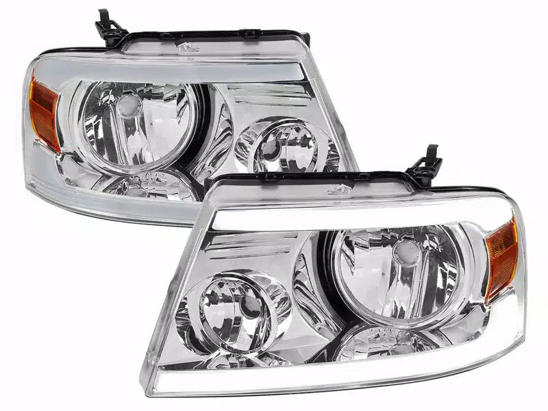 HEADLIGHTS WITH LED BAR CLEAR LENS CHROME HOUSING AND AMBER REFLECTOR