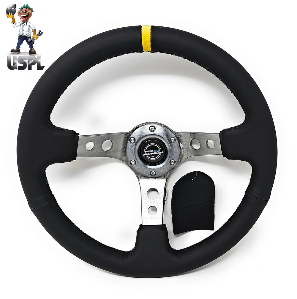 NRG Reinforced Steering Wheel (350mm / 3in. Deep) Blk Leather w/Gunmetal Cutout Spoke & Yellow CM