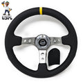 NRG Reinforced Steering Wheel (350mm / 3in. Deep) Blk Leather w/Gunmetal Cutout Spoke & Yellow CM