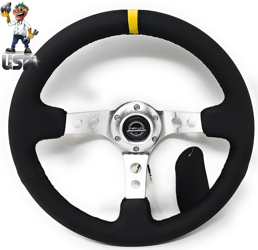 NRG Reinforced Steering Wheel (350mm / 3in. Deep) Blk Leather w/Circle Cut Spokes & Single Yellow CM