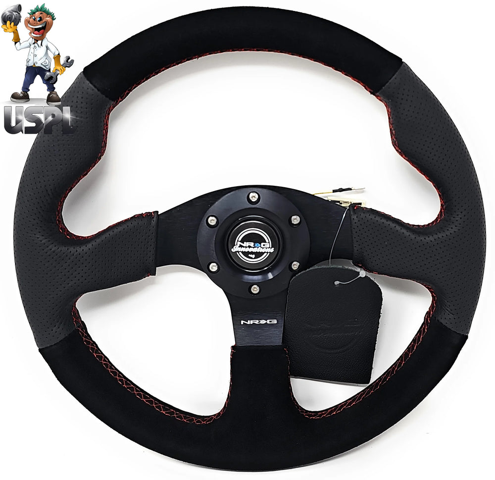NRG Reinforced Steering Wheel (320mm/ 2.5in. Deep) Sport Leather / Suede w/ Red Stitch