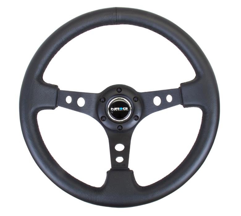 NRG Reinforced Steering Wheel (350mm/3in. Deep) White Leather w/Blk Spoke/Round Holes/White Stripes