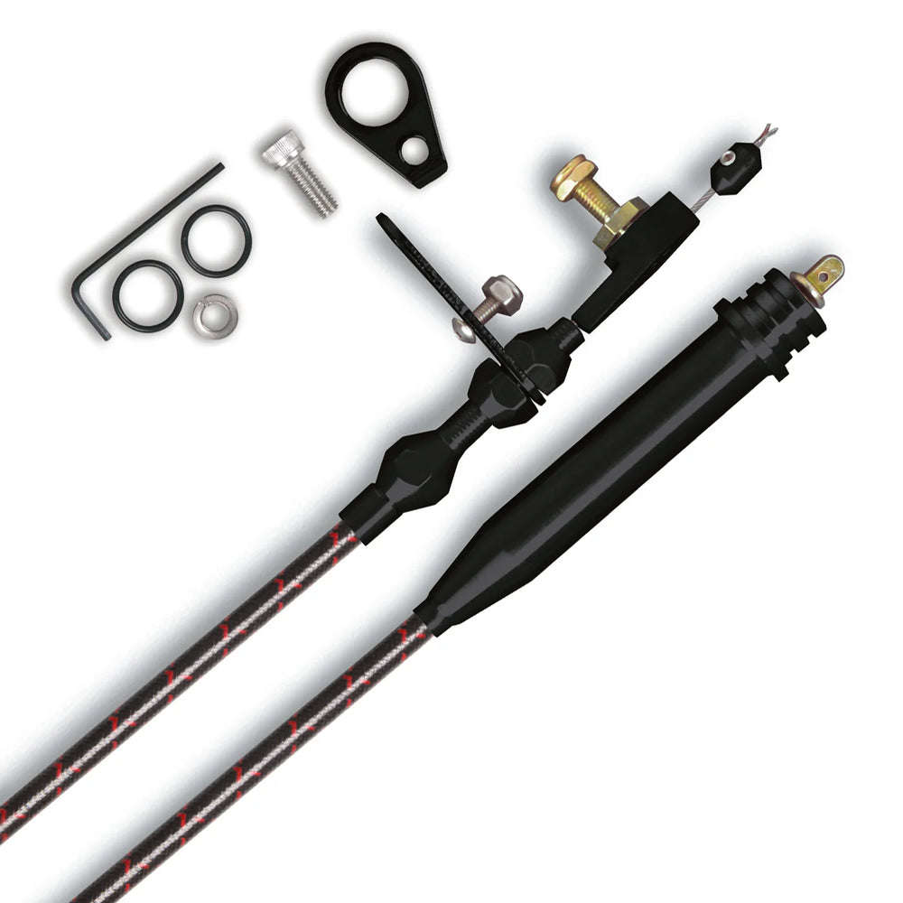 46IN VINTAGE BLACK WRAP WITH RED TRACERS 4L60 KICKDOWN CABLE W/ BLACK FITTINGS