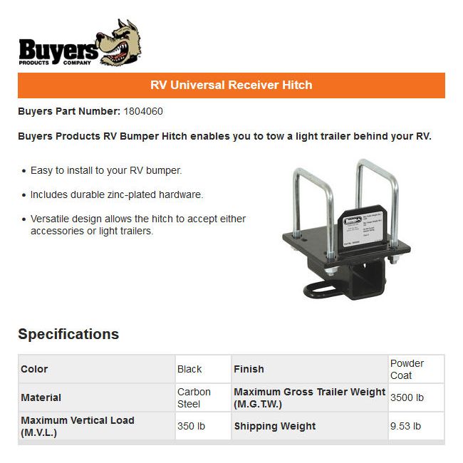 TRAVEL TRAILER HITCH MOUNTS TO 4IN SQUARE RV BUMPER