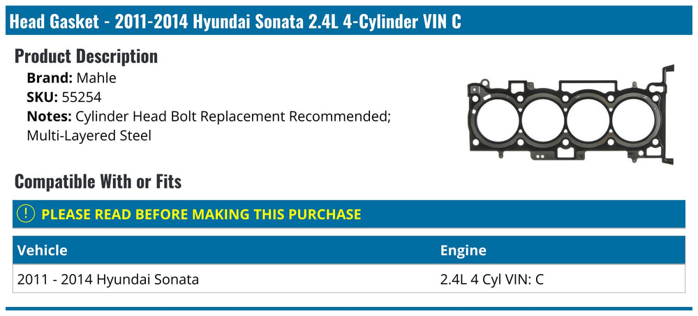~(1.5 lbs. 19X8X1)~ Head Set 11-16 Hyundai/Kia 2.4L Hybrid Engines VIN 4 and D